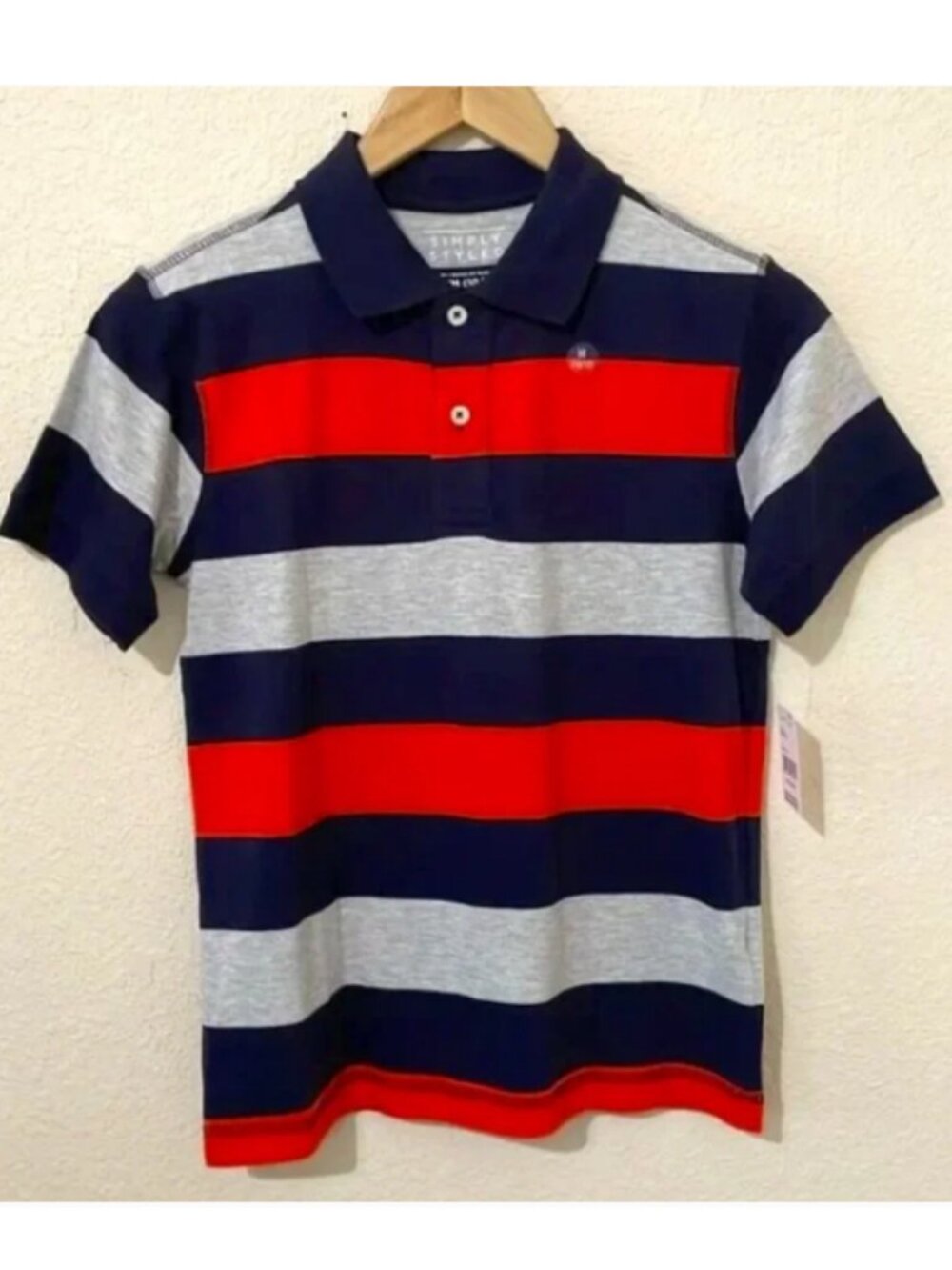 NEW Simply Styled Polo Shirt Navy Orange Gray Stripes Boys Size Medium 10-12